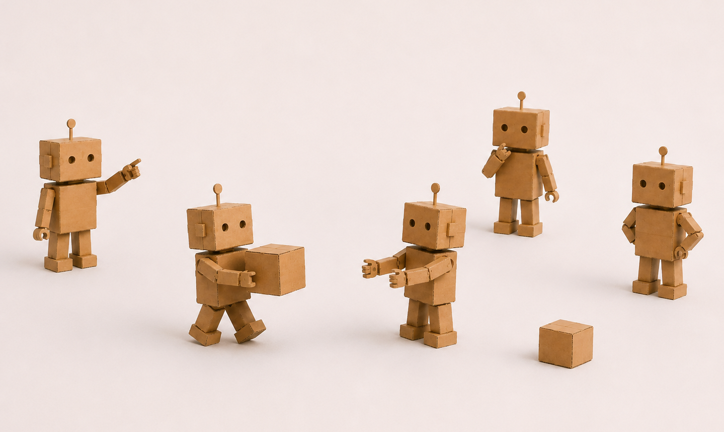 Cardboard robots in conversation, carrying and exchanging small boxes